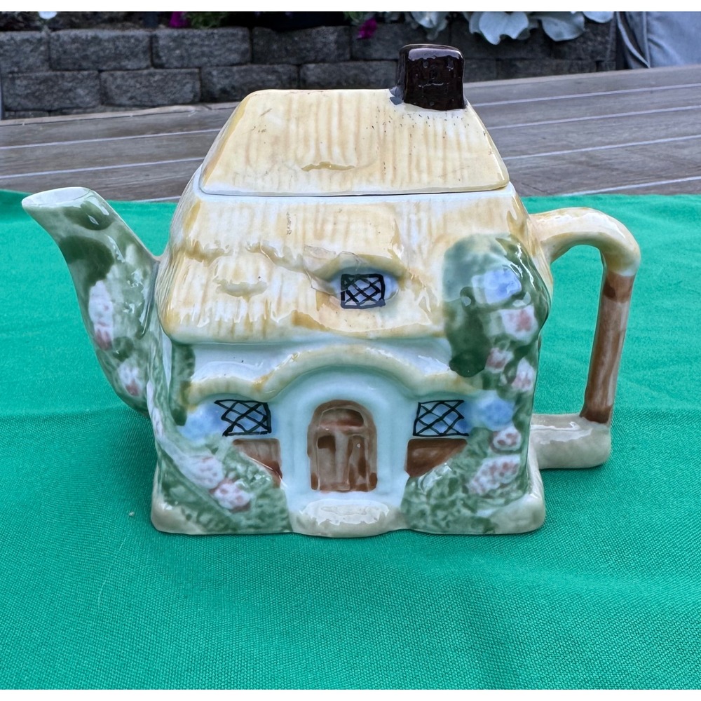 Vintage Ceramic Cottage Teapot Thatched Roof House Hand Painted English Country